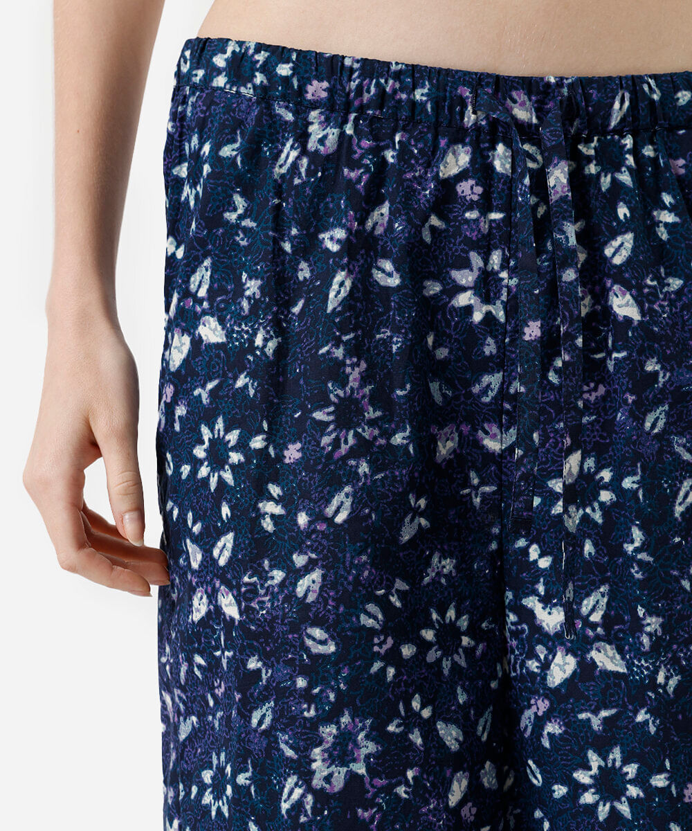 calça estilo pijama feminina de algodão cós elástico floral azul