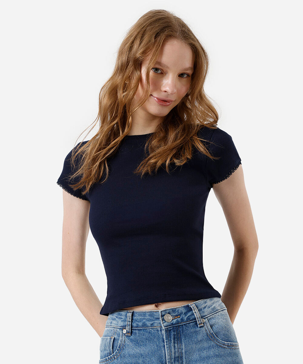 blusa baby look feminina com renda canelada cropped azul