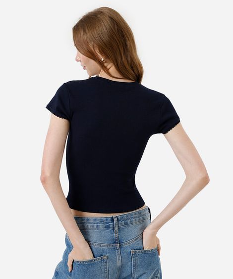 blusa baby look feminina com renda canelada cropped azul