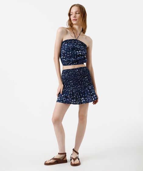 saia curta feminina de algodão franzida floral azul