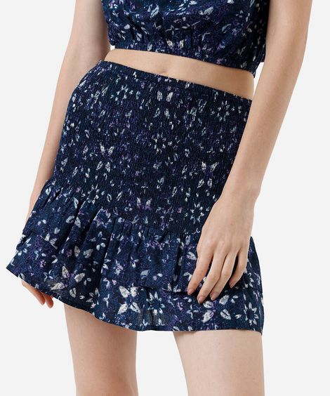 saia curta feminina de algodão franzida floral azul