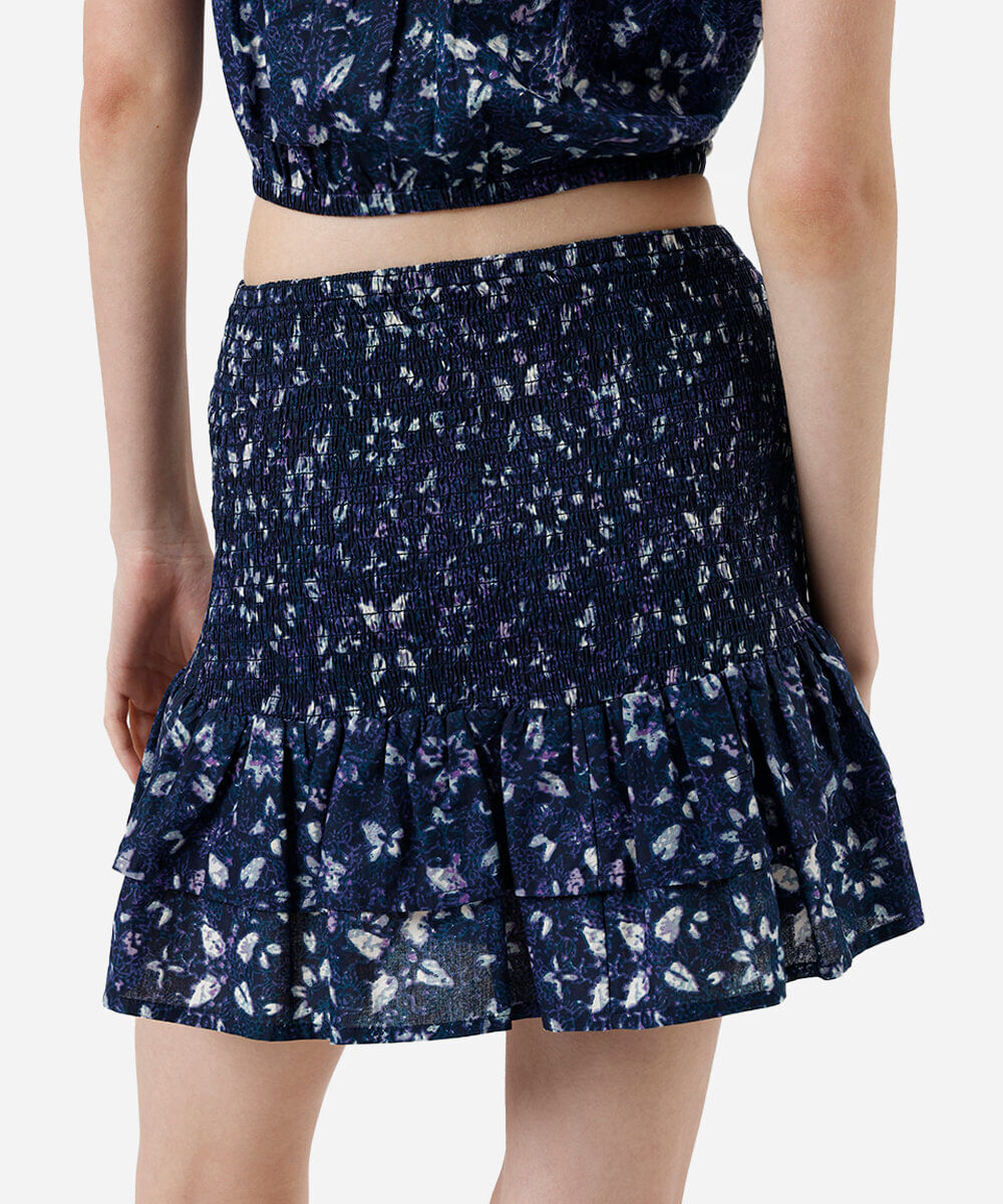 saia curta feminina de algodão franzida floral azul