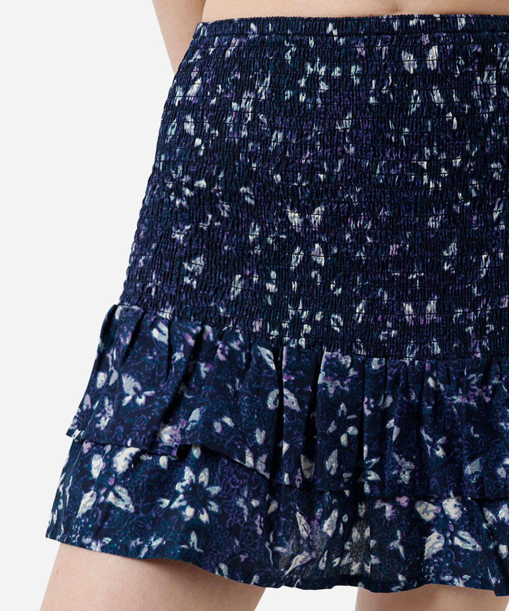 saia curta feminina de algodão franzida floral azul