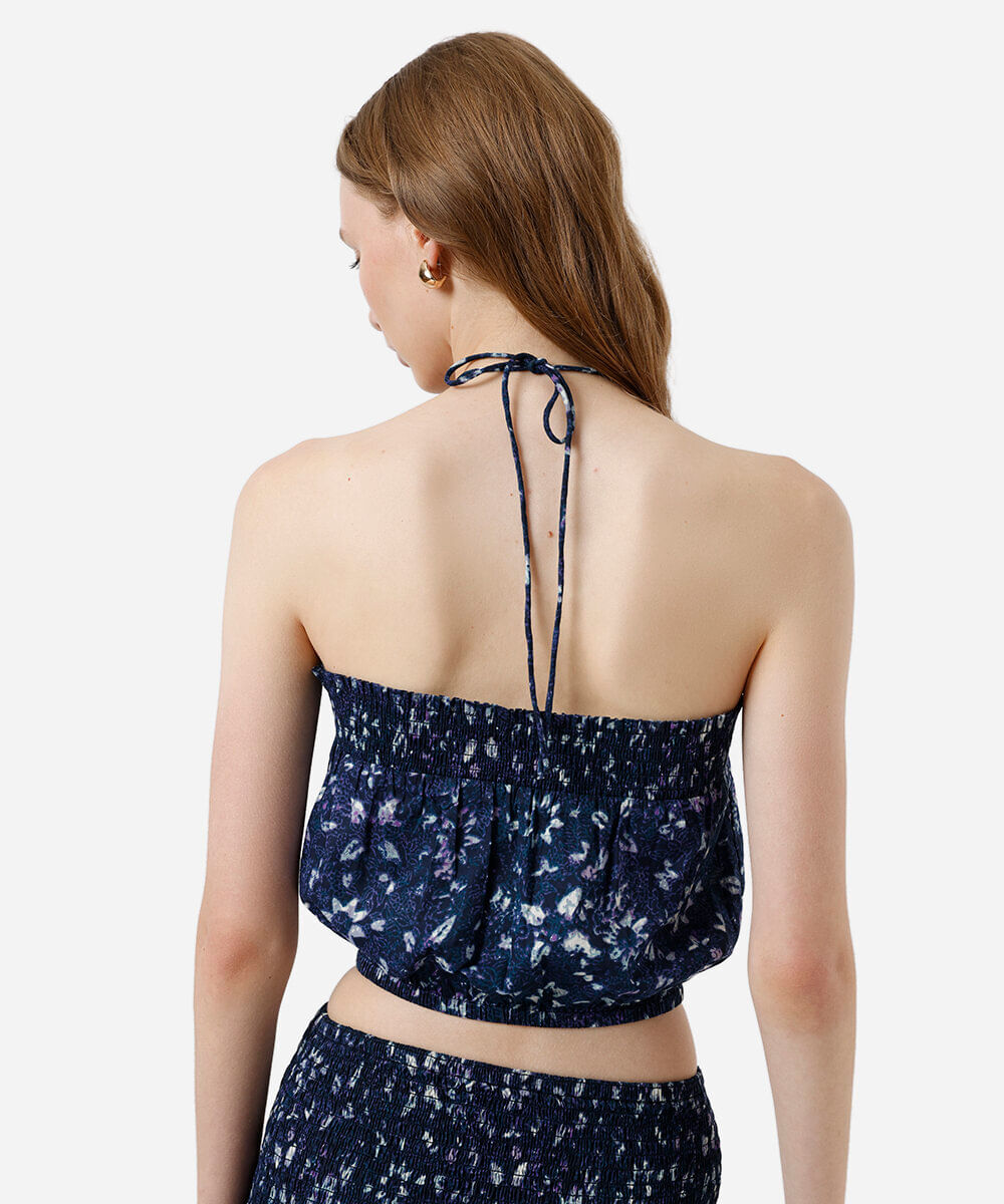 top sem alça feminino de algodão franzido azul