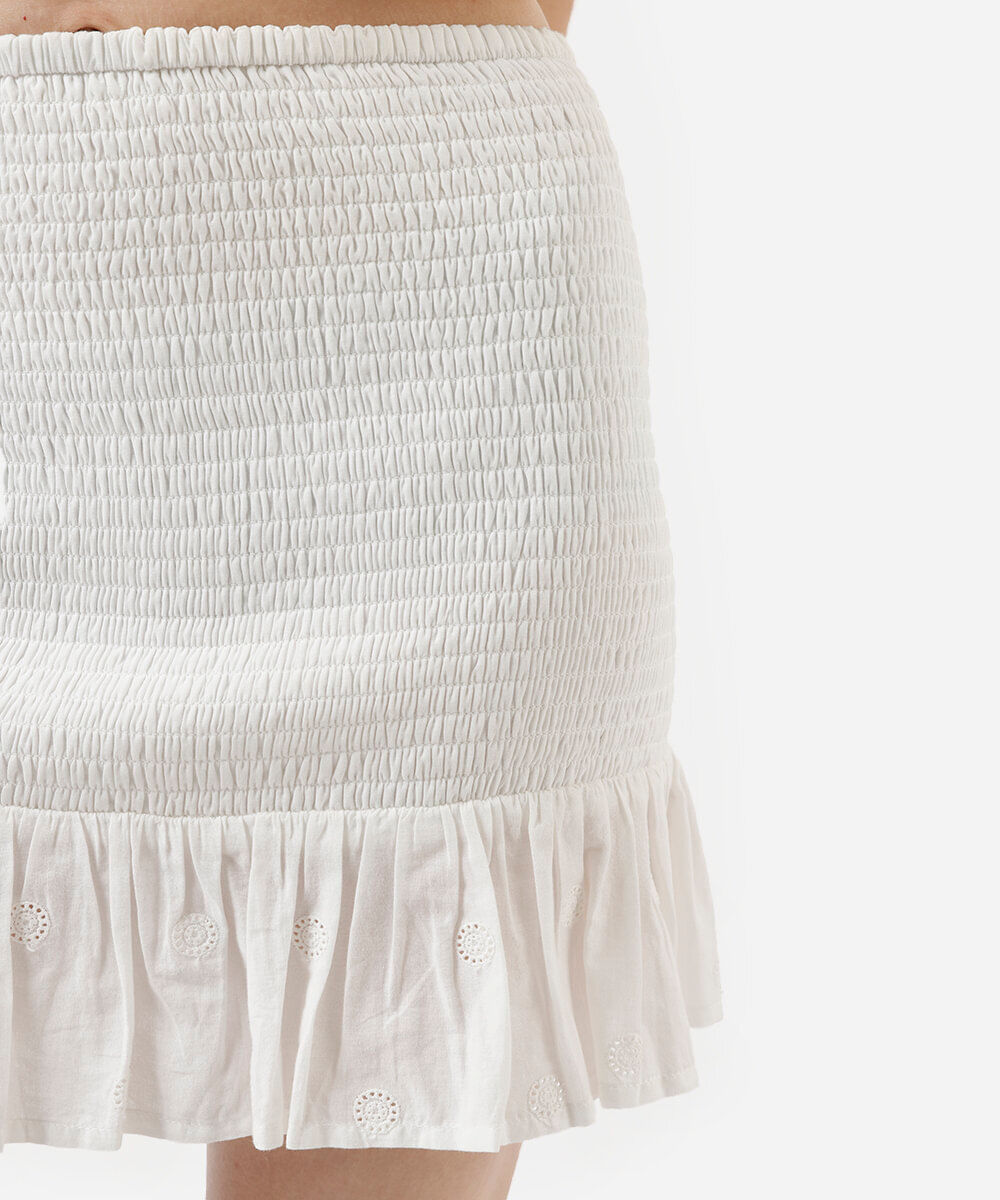 saia curta feminina de algodão franzida com babado off white