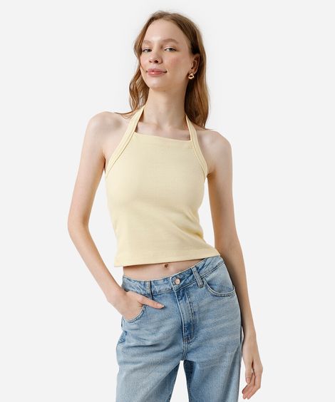 cropped frente única feminino de algodão canelado amarelo