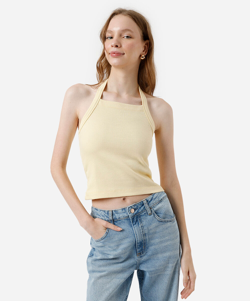cropped frente única feminino de algodão canelado amarelo