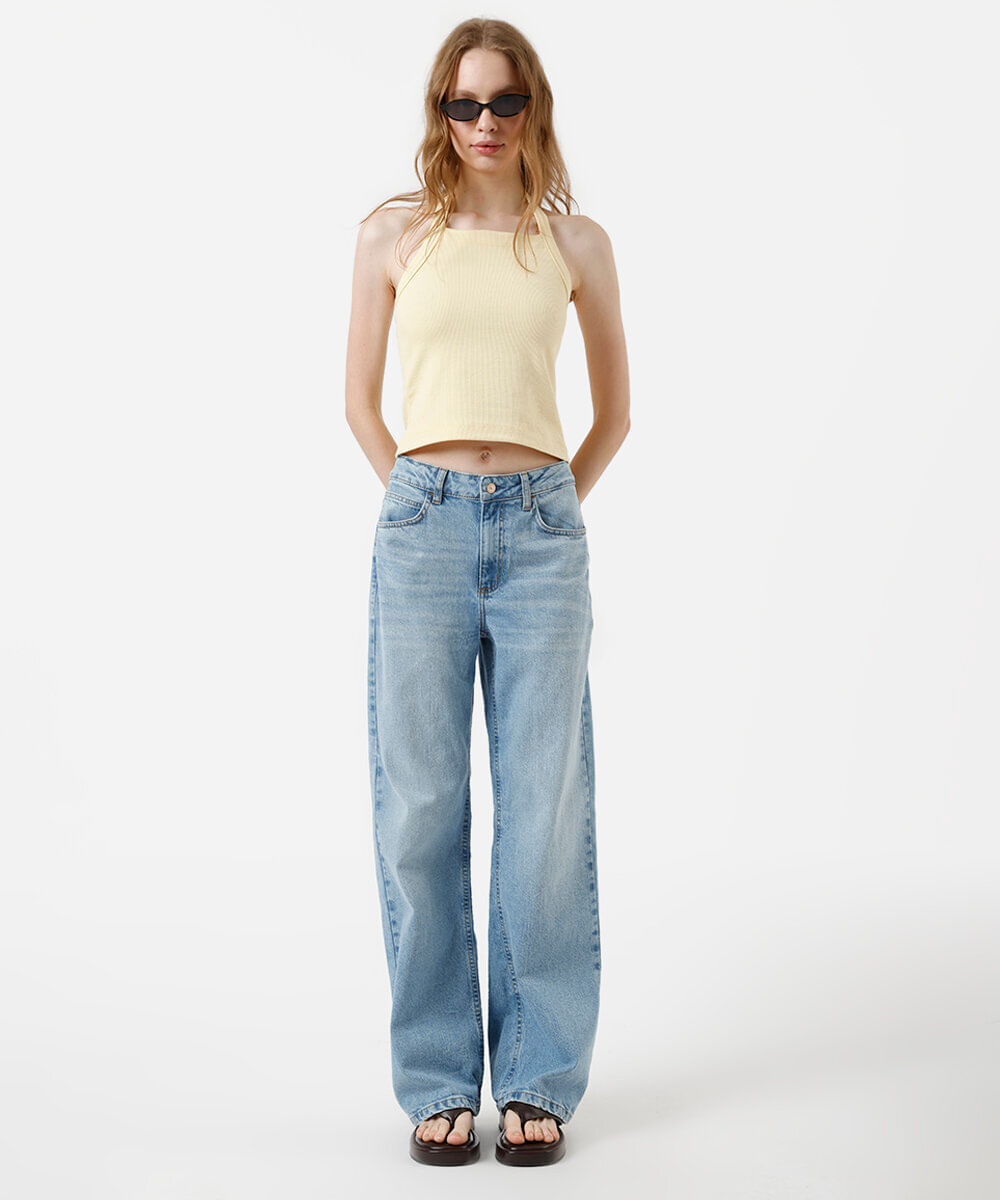 cropped frente única feminino de algodão canelado amarelo