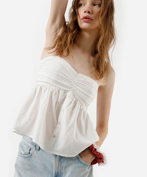 blusa sem alça feminina de algodão franzida texturizada off white