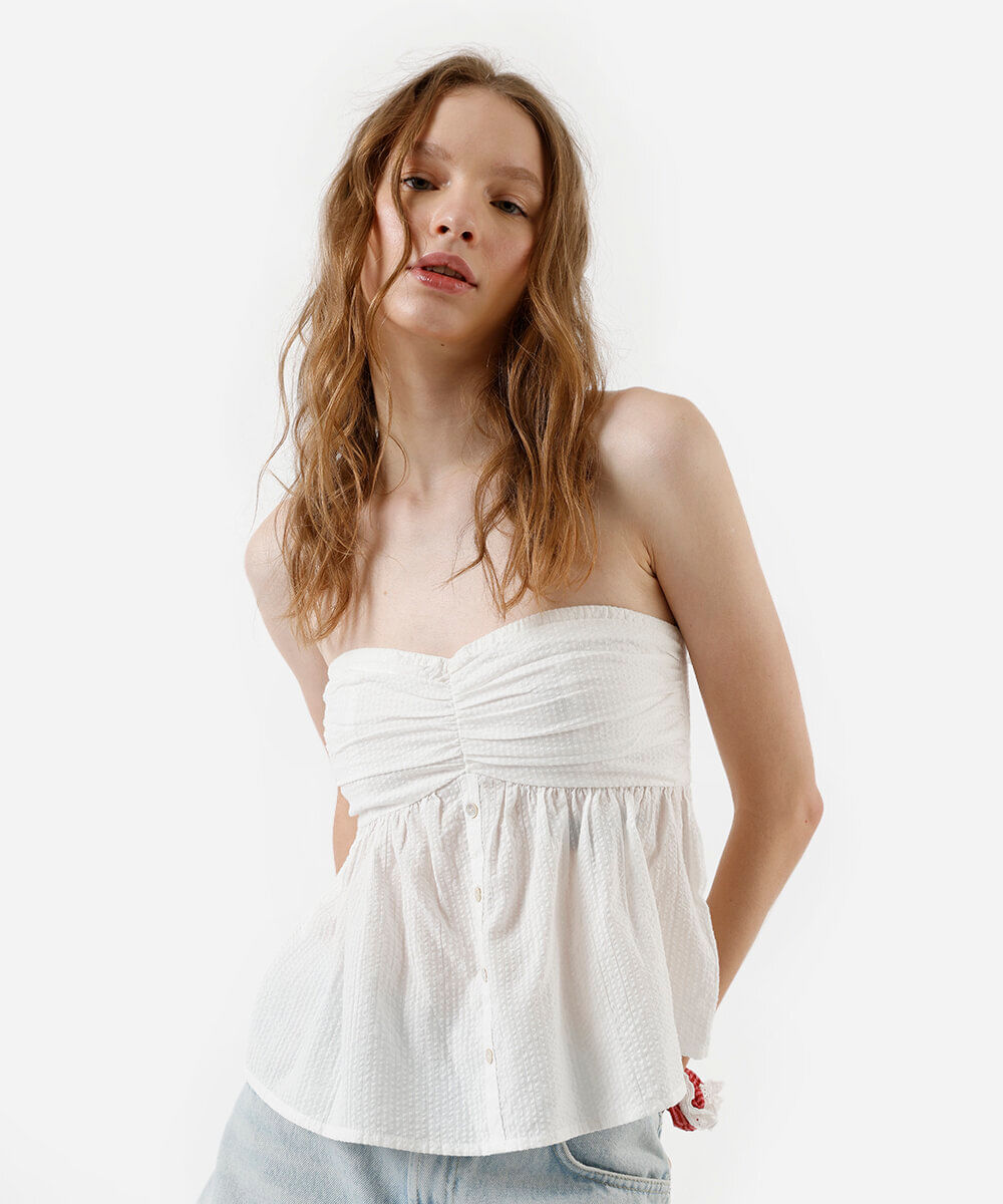 blusa sem alça feminina de algodão franzida texturizada off white