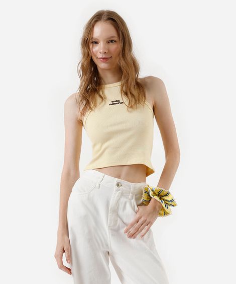 cropped feminino de algodão bordado canelado amarelo