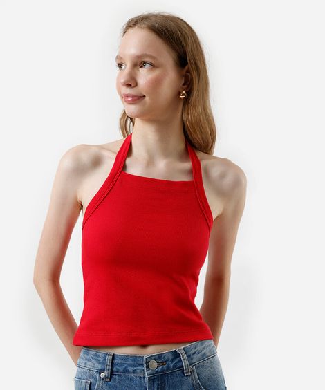 cropped frente única feminino de algodão canelado vermelho