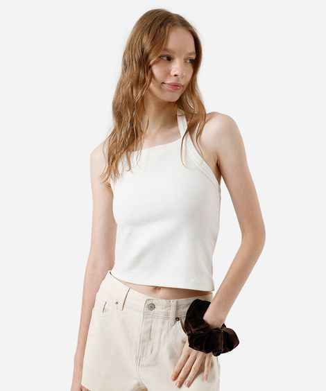 cropped frente única feminino de algodão canelado off white