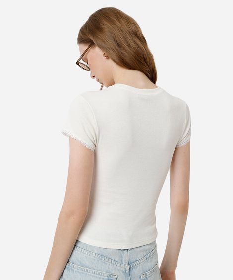 blusa baby look feminina com renda canelada cropped off white