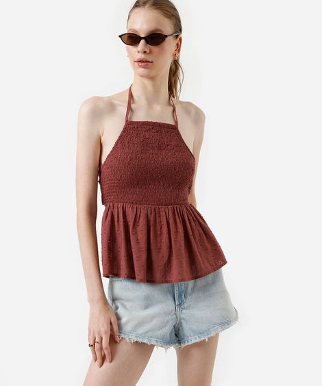 blusa frente única feminina de algodão franzida vinho