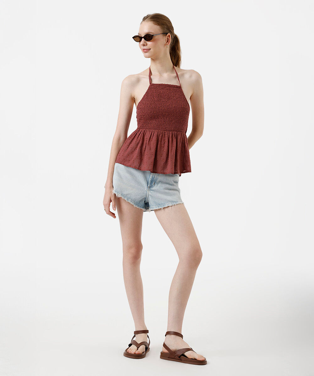 blusa frente única feminina de algodão franzida vinho
