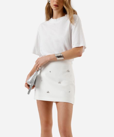 minissaia feminina com viscose e brilhos off white