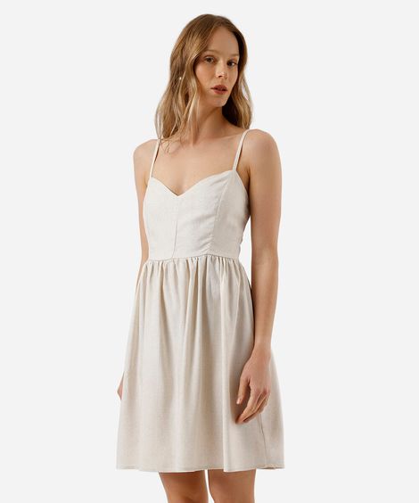 vestido curto alça fina feminino com linho decote coração bege