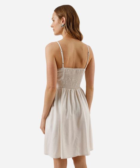 vestido curto alça fina feminino com linho decote coração bege