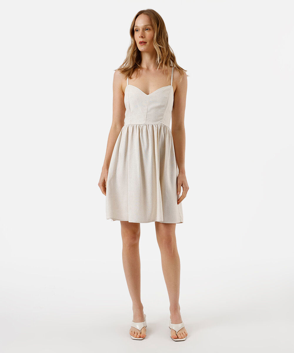 vestido curto alça fina feminino com linho decote coração bege