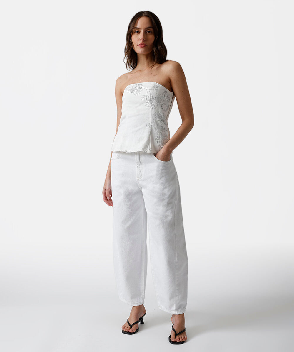 blusa sem alça feminina de sarja com brilhos off white