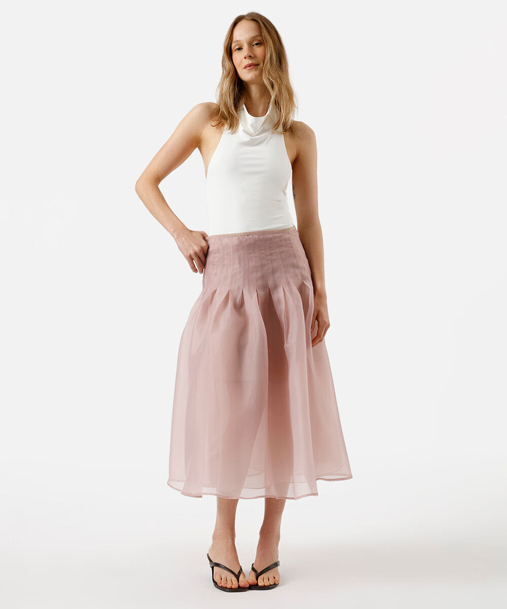 saia midi godê feminina de organza com pregas rosa