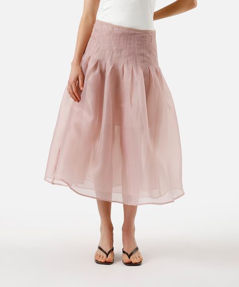 saia midi godê feminina de organza com pregas rosa