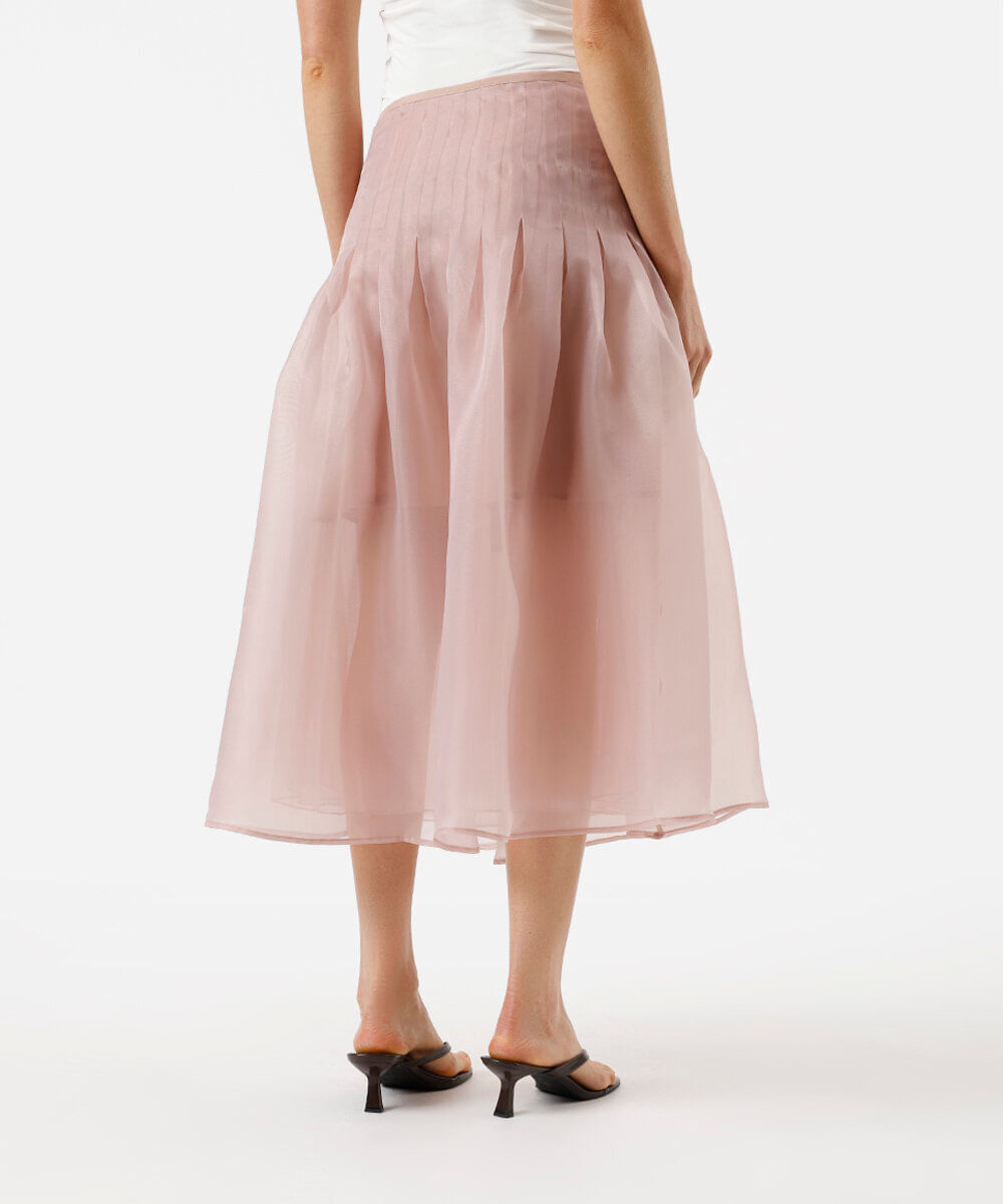 saia midi godê feminina de organza com pregas rosa