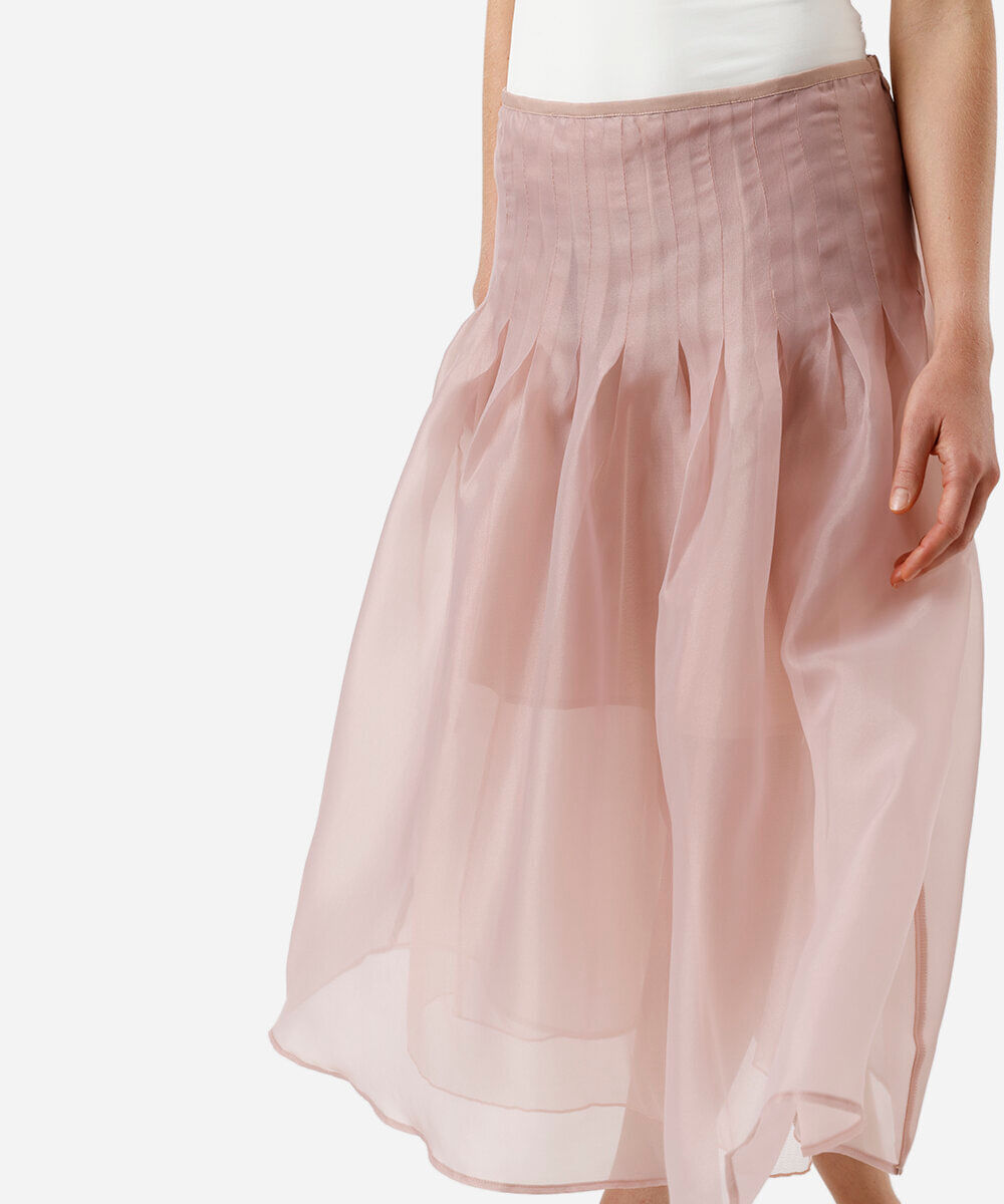 saia midi godê feminina de organza com pregas rosa