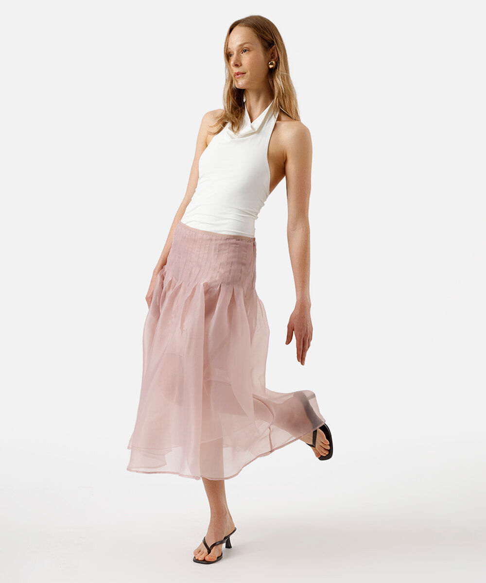 saia midi godê feminina de organza com pregas rosa