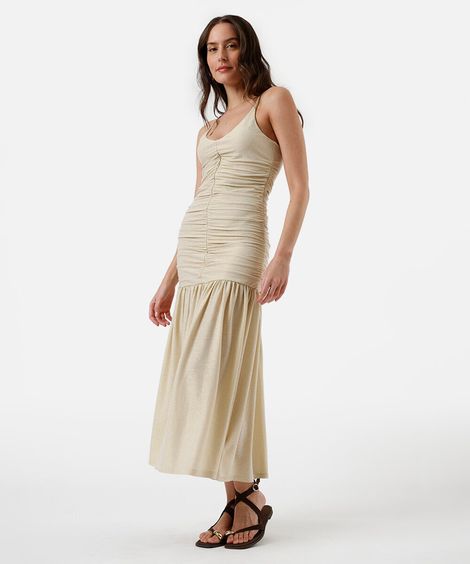 vestido midi alça fina feminino franzido bege