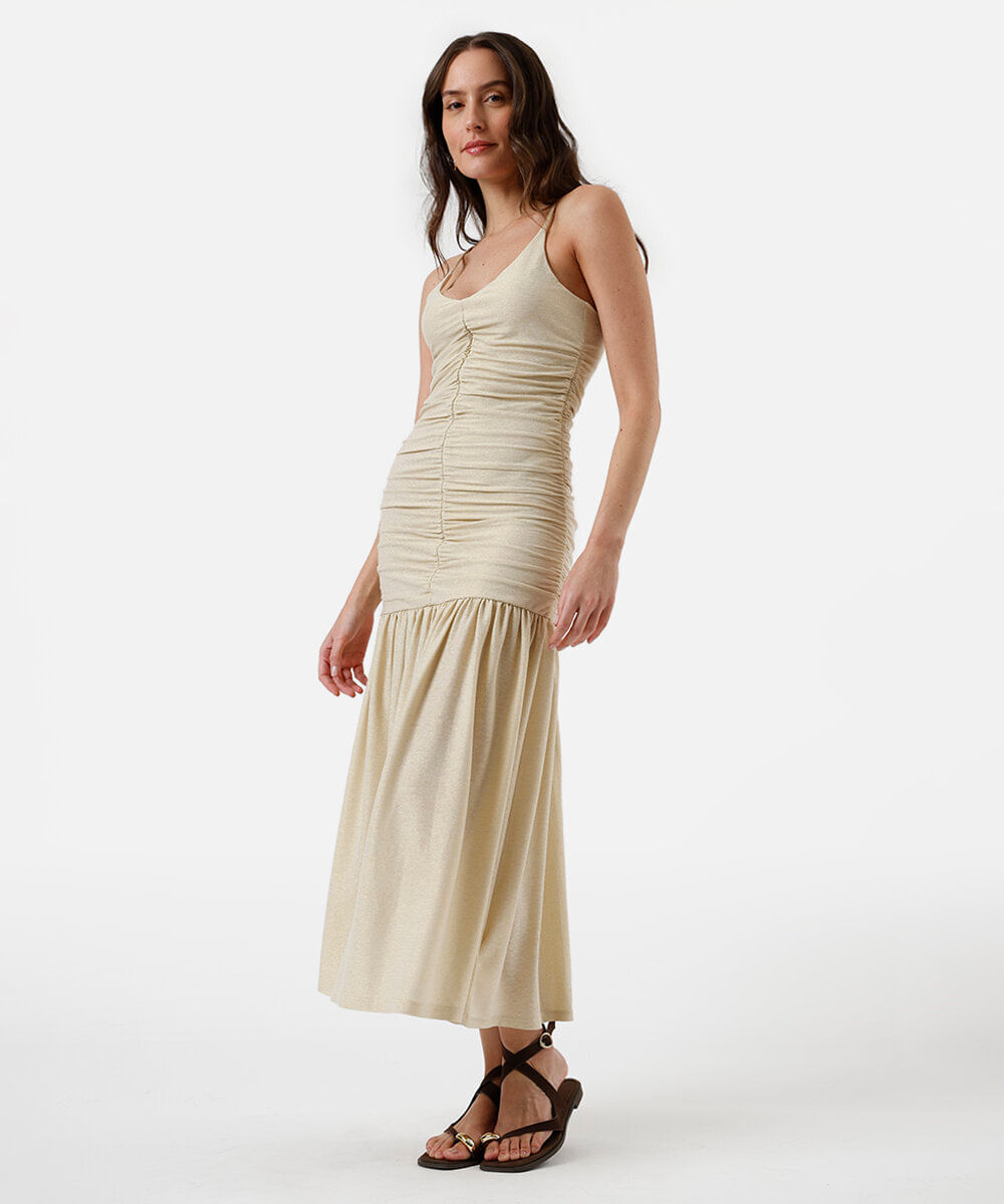 vestido midi alça fina feminino franzido bege