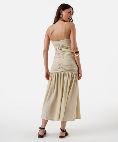 vestido midi alça fina feminino franzido bege