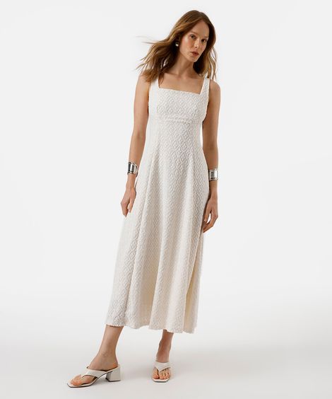 vestido midi feminino decote quadrado floral texturizado off white