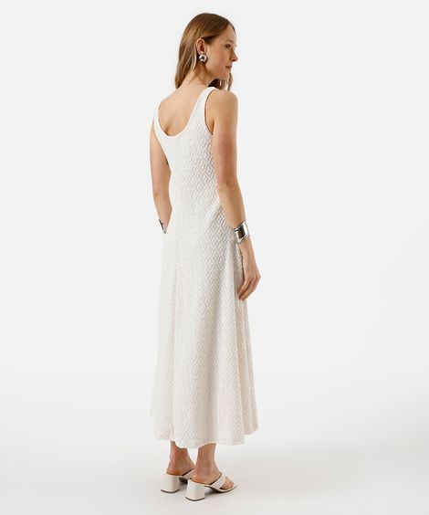 vestido midi feminino decote quadrado floral texturizado off white