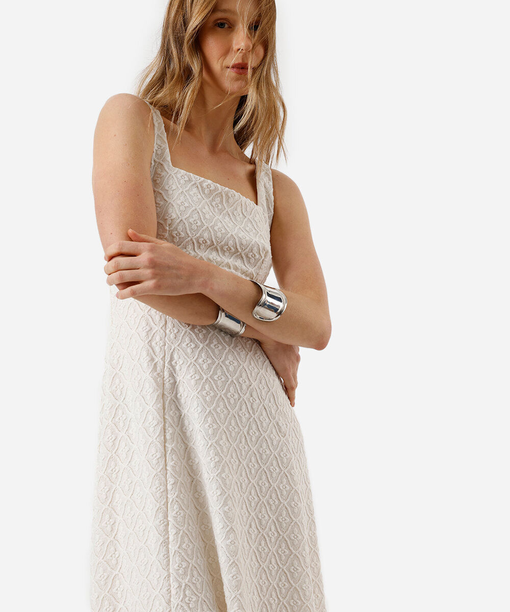 vestido midi feminino decote quadrado floral texturizado off white