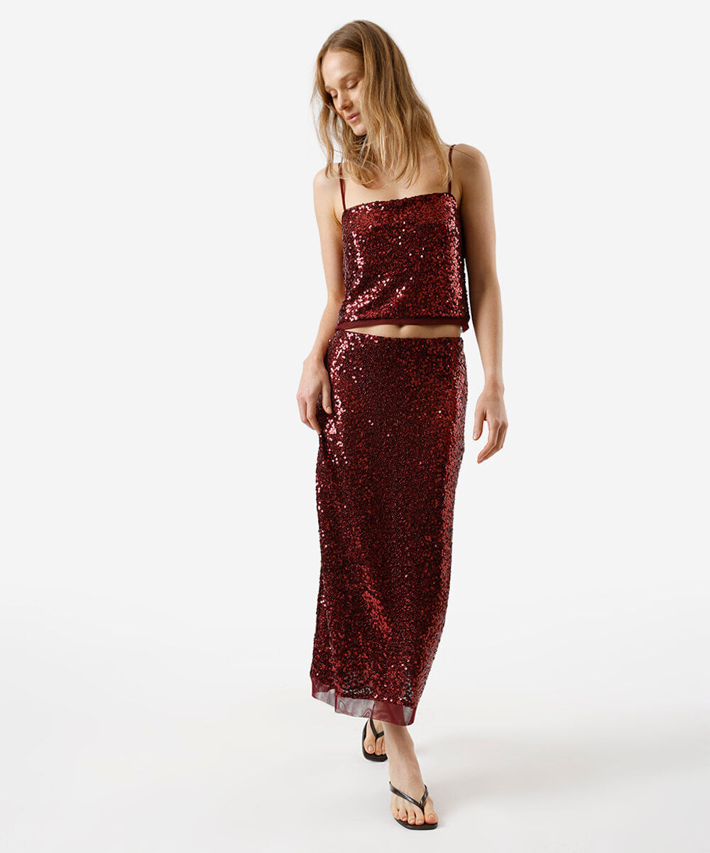 cropped alça fina feminino de paetê vinho