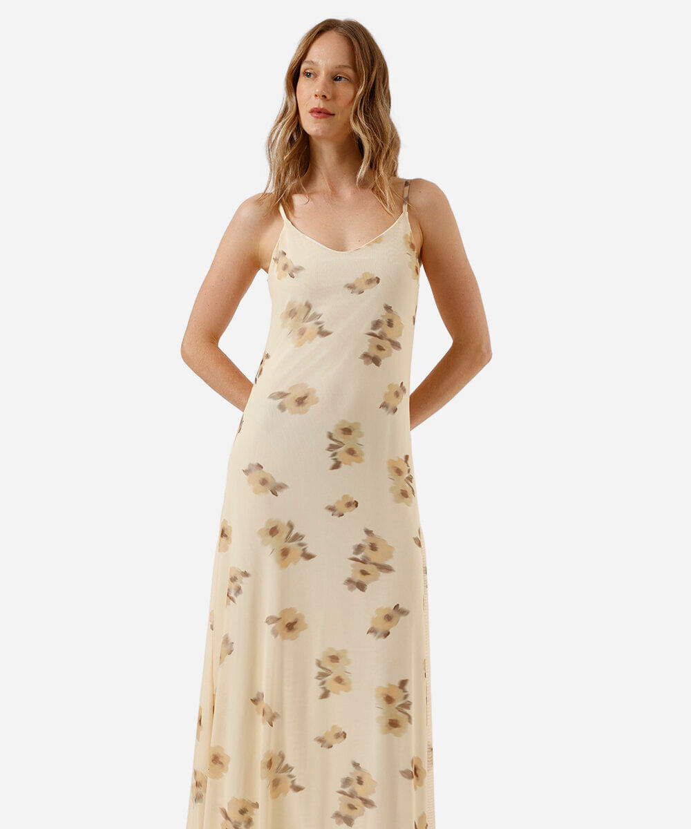 vestido longo alça fina feminino de tule floral colorido