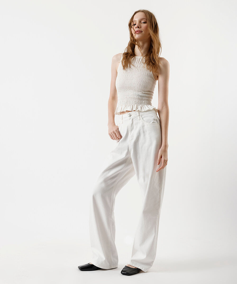 regata feminina de algodão franzida off white