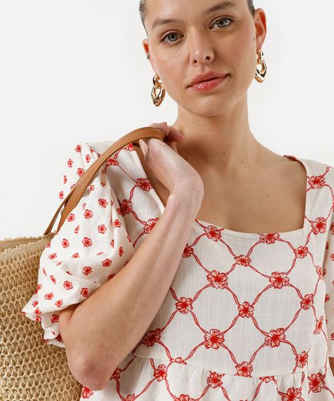 blusa peplum feminina de viscose com linho e mangas bufantes off white