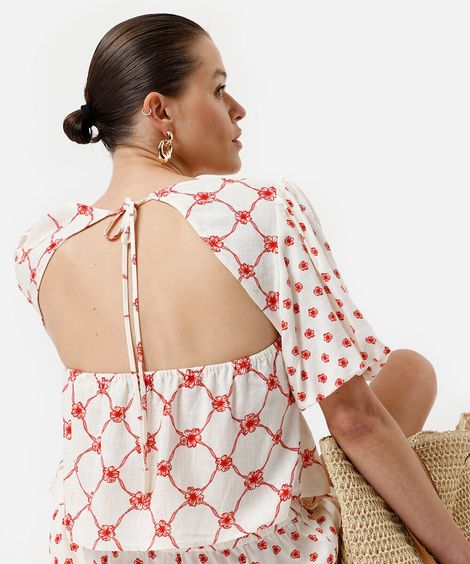 blusa peplum feminina de viscose com linho e mangas bufantes off white