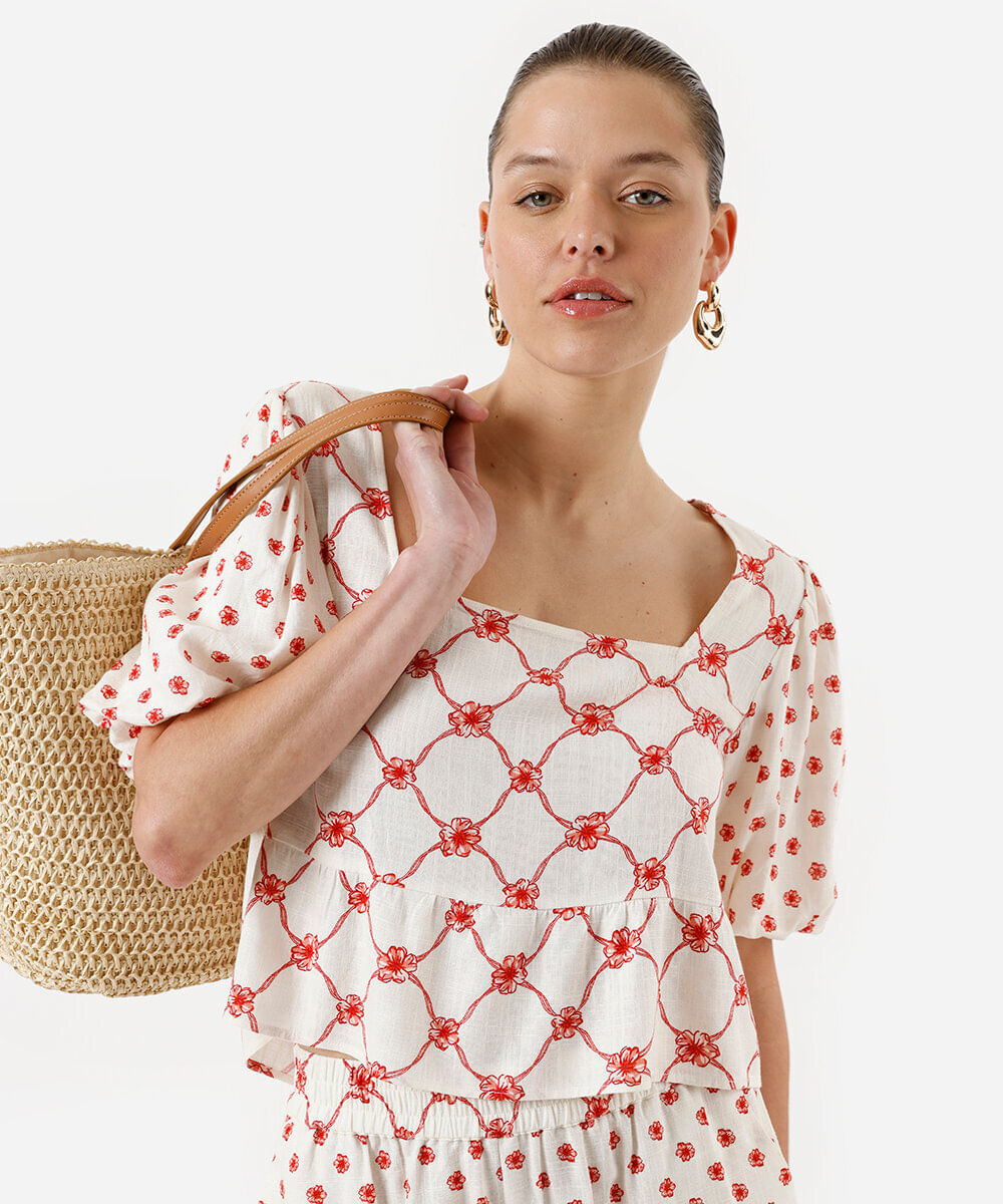 blusa peplum feminina de viscose com linho e mangas bufantes off white