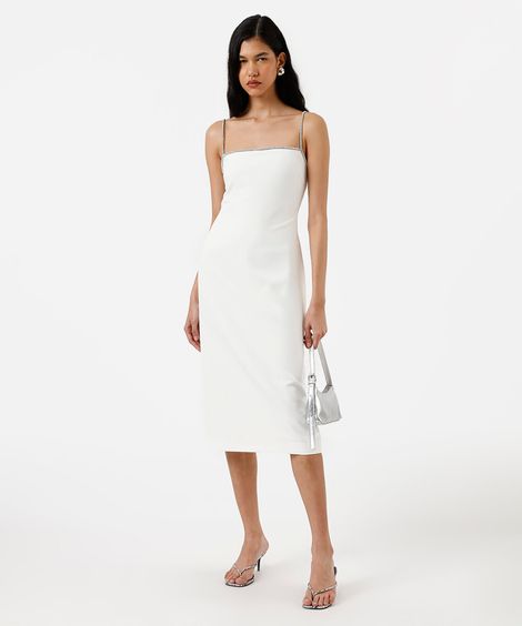 vestido midi alça fina feminino com brilhos e fenda off white