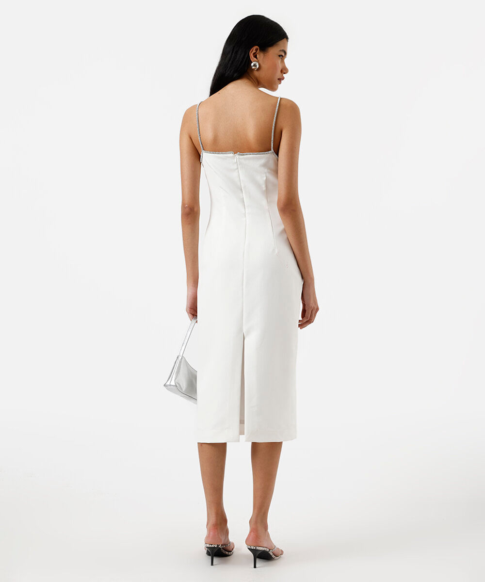 vestido midi alça fina feminino com brilhos e fenda off white