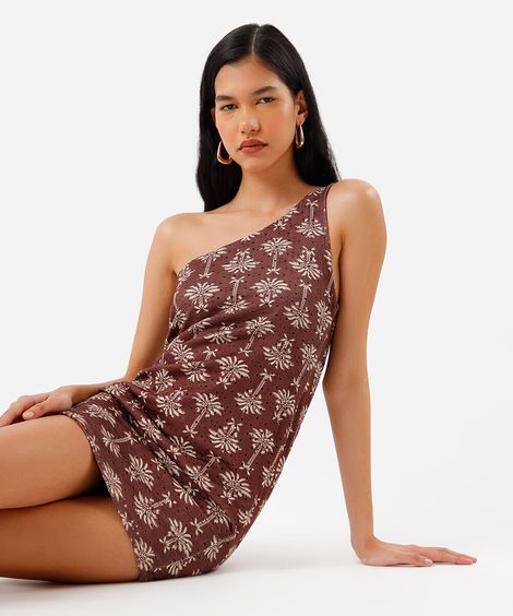 vestido curto feminino ombro único folhagens marrom