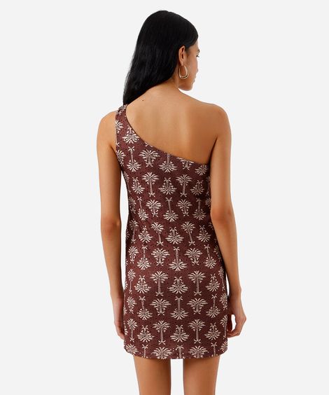 vestido curto feminino ombro único folhagens marrom