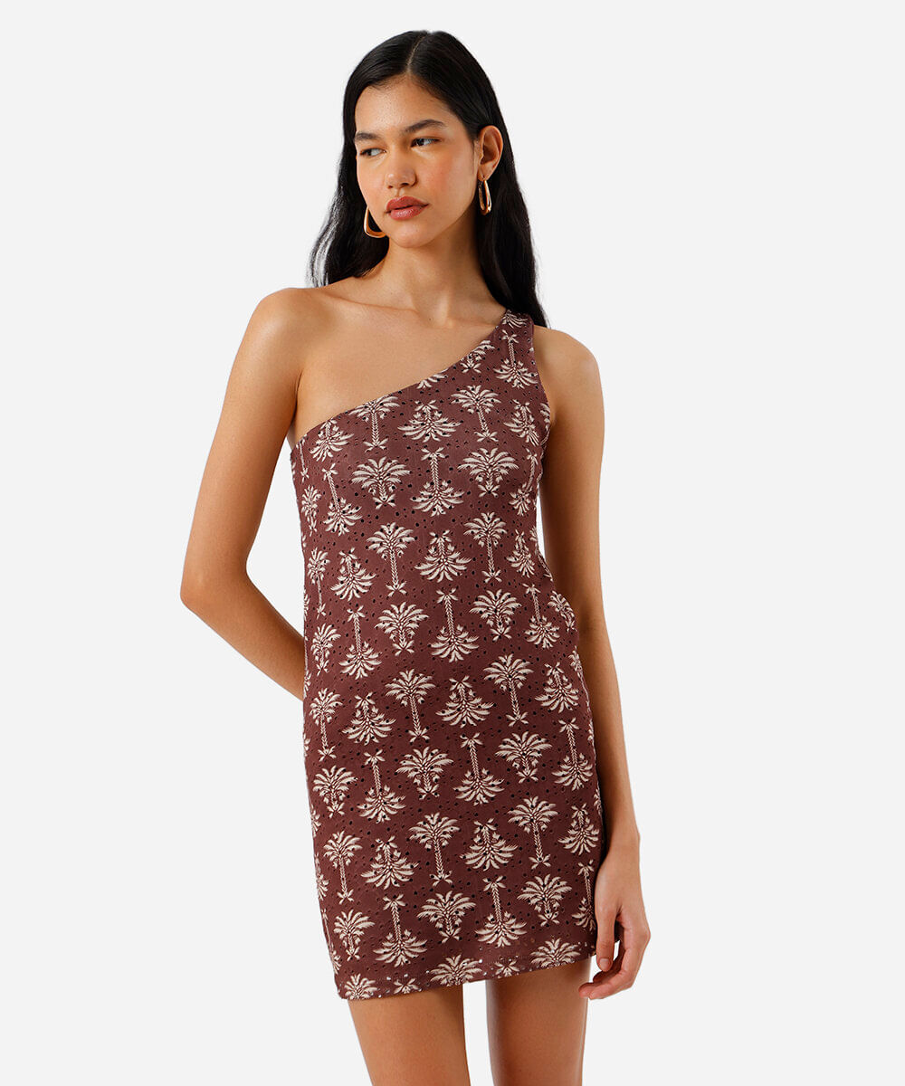 vestido curto feminino ombro único folhagens marrom