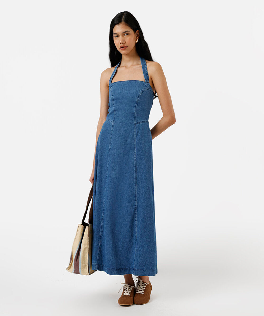 vestido midi feminino jeans frente única com recortes azul