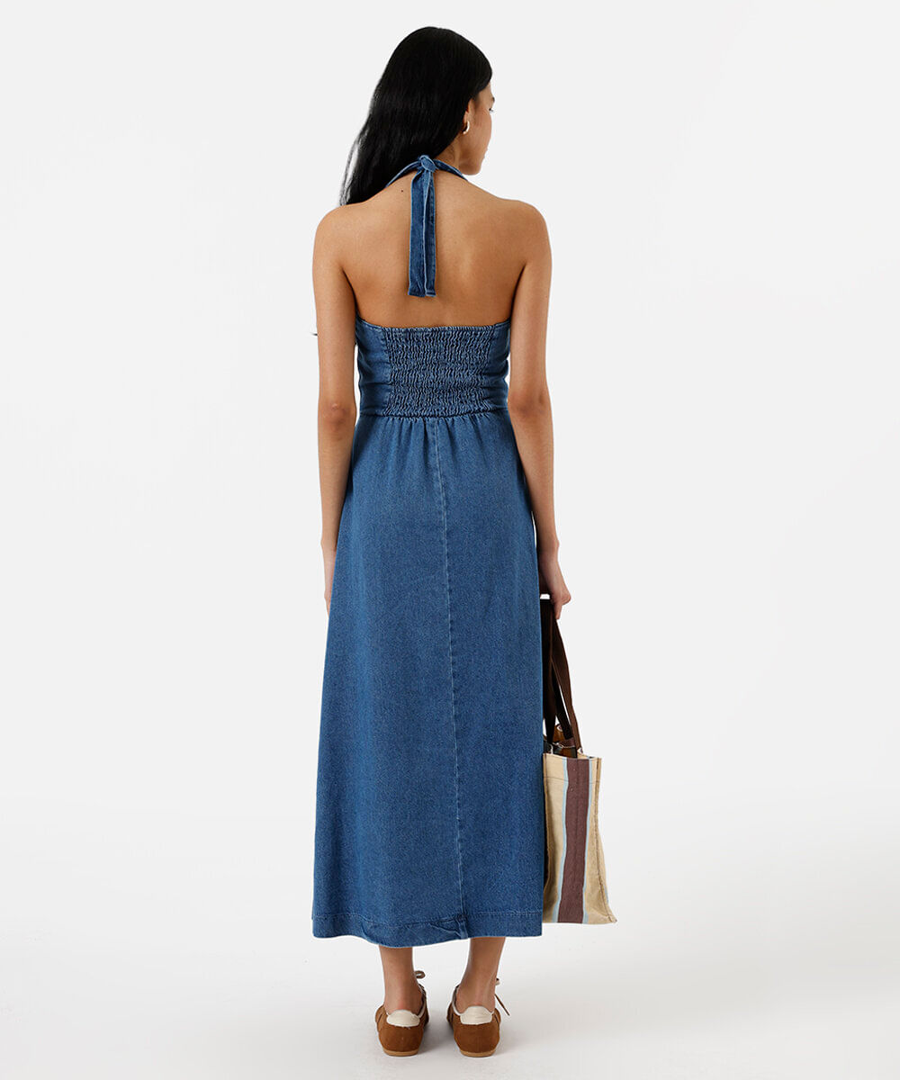 vestido midi feminino jeans frente única com recortes azul