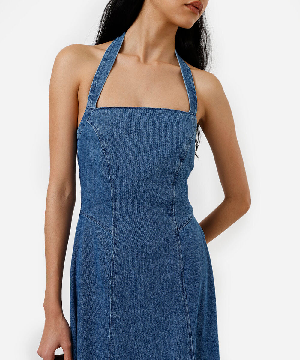 vestido midi feminino jeans frente única com recortes azul